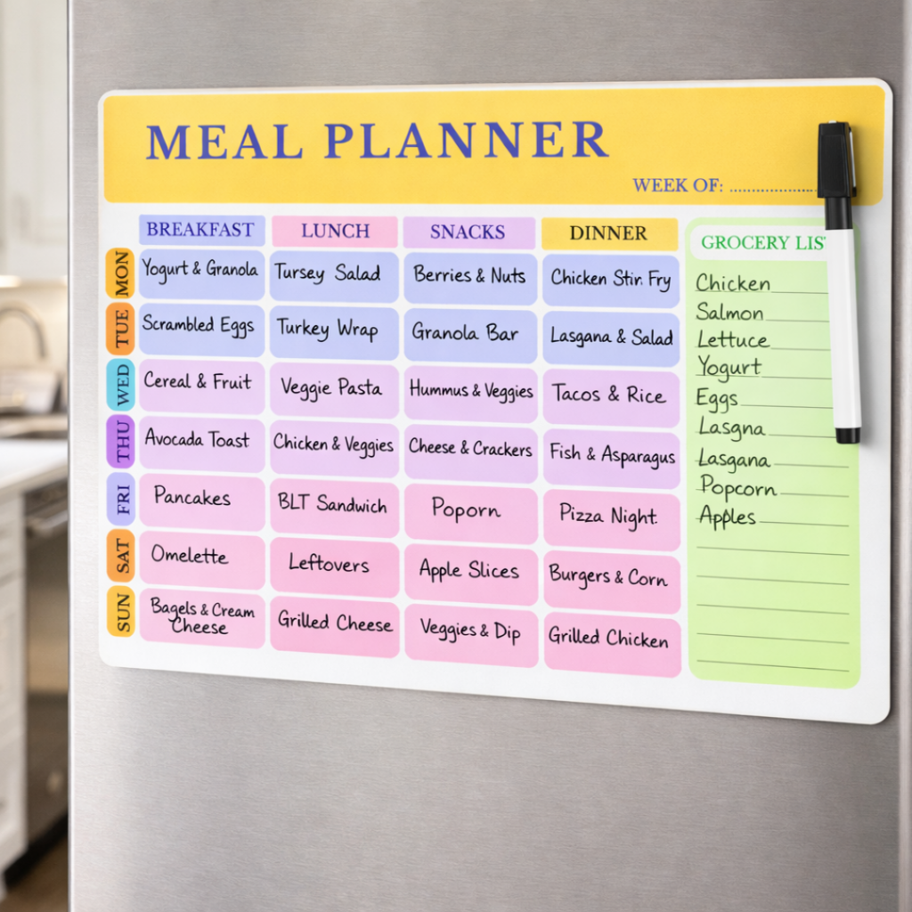magnetic weekly meal planner for fridge a4 size – dry erase whiteboard planner with grocery list & habit tracker, reusable kitchen organizer board for meal prep, healthy eating & weekly schedule